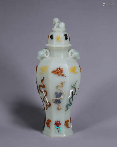 A Hetian jade gem-inlaid goat head pot