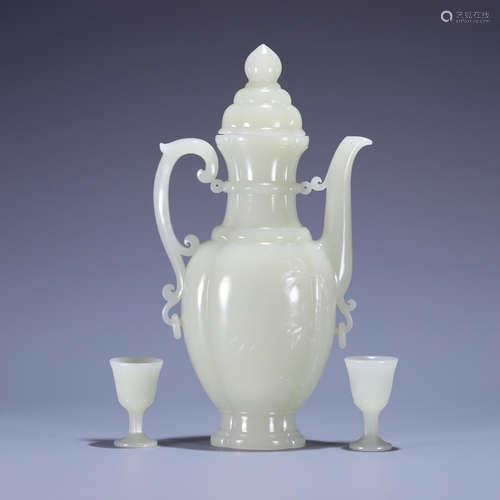 A set of Hetian jade ewer and 2 cups