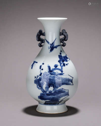 A blue and white bird and flower porcelain vase