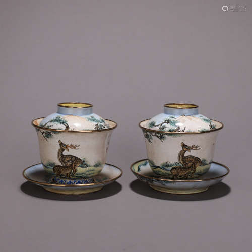 A pair of deer patterned copper enamel tea bowls