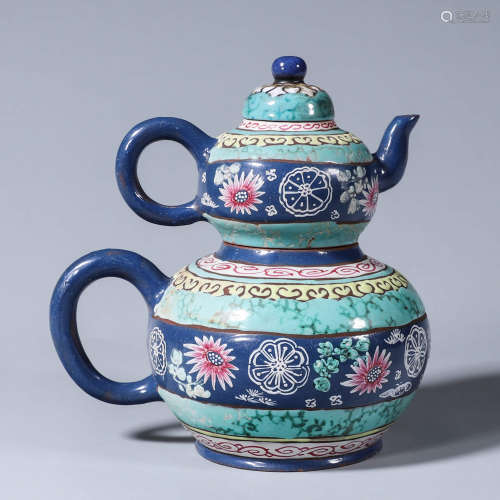 A famille rose flower zisha ceramic gourd-shaped pot