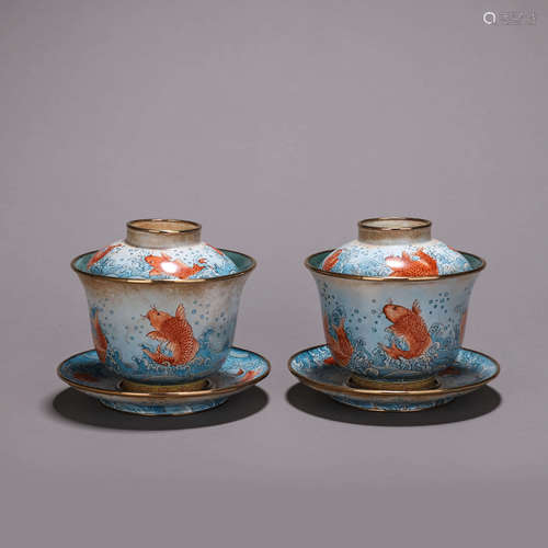 A pair of carp patterned copper enamel tea bowls