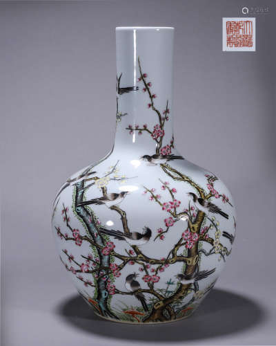 A famille rose magpie and plum blossom porcelain tianqiuping