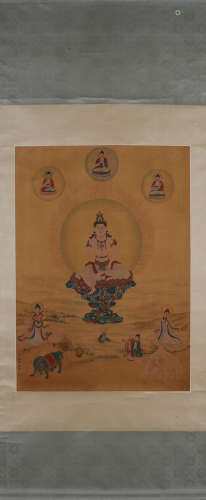 A Chinese joss silk scroll, Ding Guanpeng mark