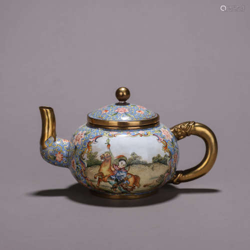 A figure patterned copper enamel teapot