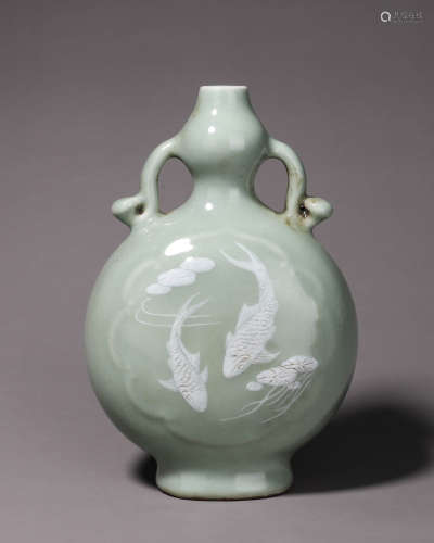 A celadon glazed fish porcelain moonflask
