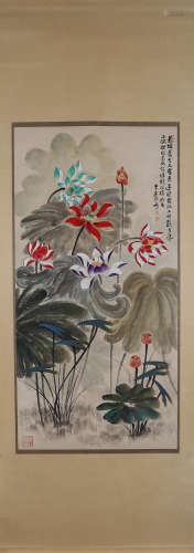 A Chinese lotus painting, Zhang Daqian mark