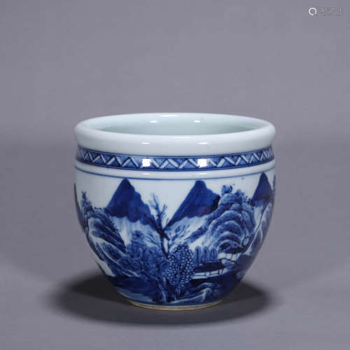 A blue and white landscape porcelain vat