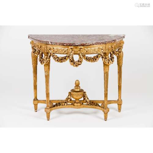 A pair of Louis XVI demi lune console tables