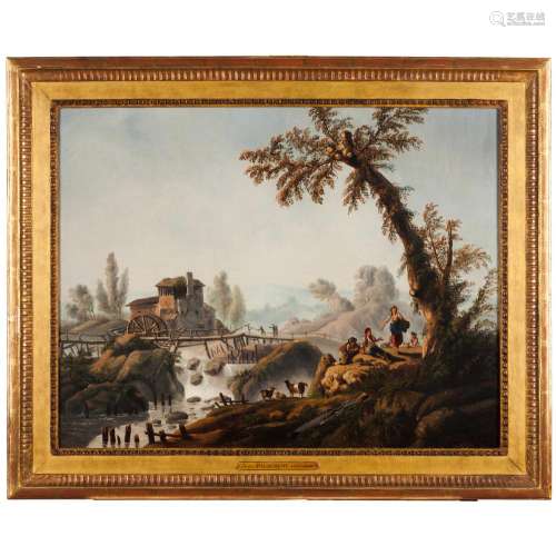 A landscape with watermill, bridge and figures