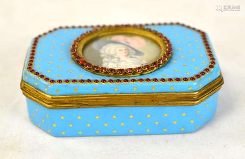 French Jeweled Octagonal Enamel Box w Miniature