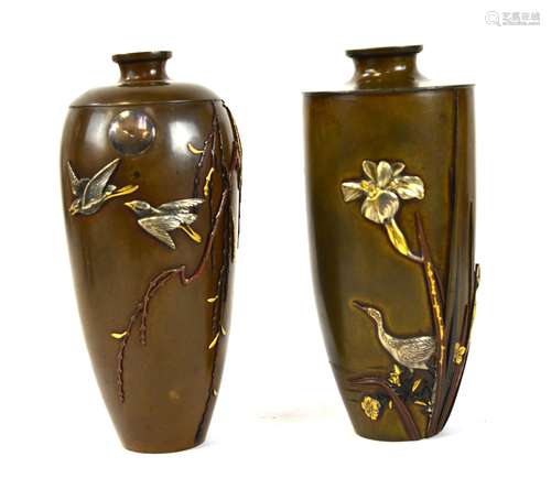 Two Japanese Bronze Mix Metal Vases