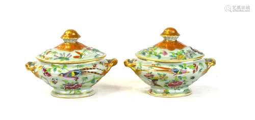 Pr Chinese Famille Rose Oval Bowls w Handles