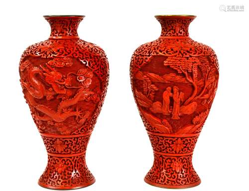 Pr Chinese Carved Cinnabar Vases