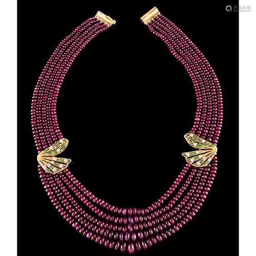 A five strand ruby beads necklace