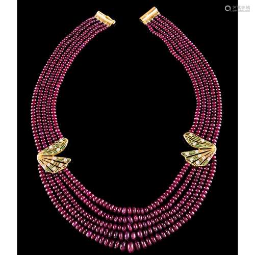 A five strand ruby beads necklace