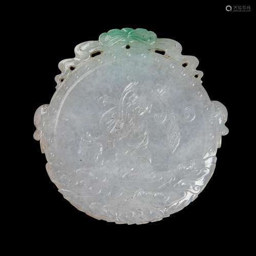 JADEITE 'IMMORTAL ON WAVES' CIRCULAR PLAQUE LATE QING