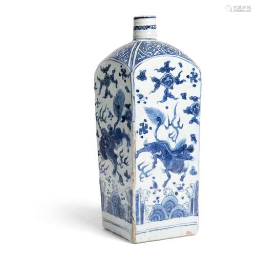 BLUE AND WHITE SQUARE BOTTLE VASE QING DYNASTY, KANGXI