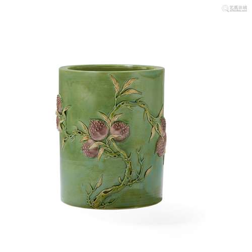 GREEN-GROUND 'PEACH' BISCUIT BRUSH POT REPUBLIC PERIOD