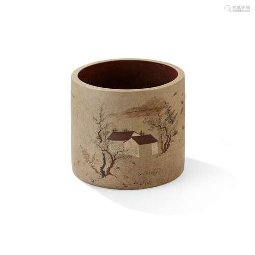 YIXING STONEWARE SLIP-DECORATED BRUSH POT