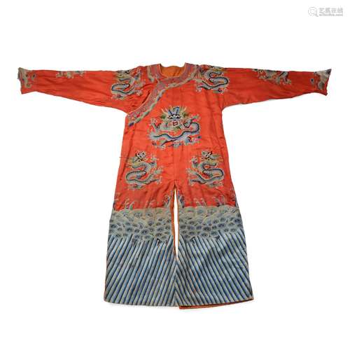 RED GROUND SILK EMBROIDERED 'DRAGON' ROBE 19T…