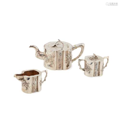 THREE-PIECE EXPORT SILVER TEA SERVICE LATE QING