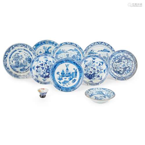 GROUP OF TEN BLUE AND WHITE WARES QING DYNASTY,