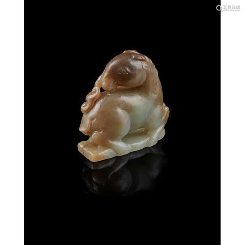 CELADON AND RUSSET JADE CARVING OF RAM 19TH-20TH