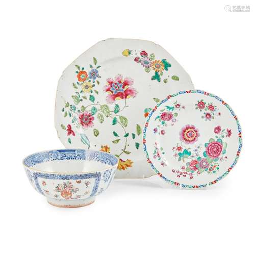 GROUP OF THREE FAMILLE ROSE WARES QING DYNASTY, 18TH