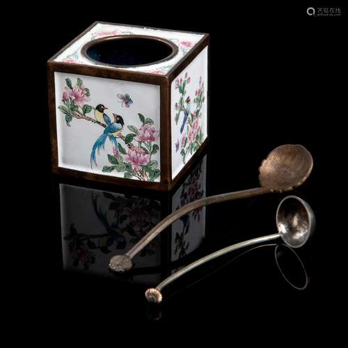 CANTON ENAMEL SQUARE WATER POT WITH TWO METAL SPO…