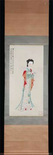 A CHINESE PAINTING OF BEAUTY WITH FEATHER FAN