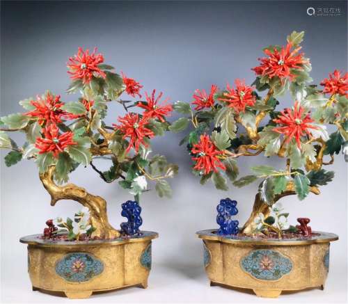 A PAIR OF CHINESE CLOISONNE CORAL AND JADE POTT…