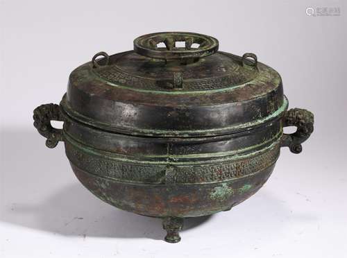 A BRONZE TRIPOD INCENSE BURNER AND COVER