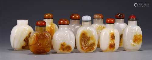 A GROUP OF TEN AGATE SNUFF BOTTLES