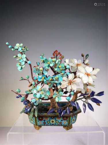 A CHINESE CLOISONNE AND JADE FLOWERS POTTED LANDSCAPE