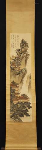 A CHINESE PAINTING OF MOUNTAIN PAVILIONS