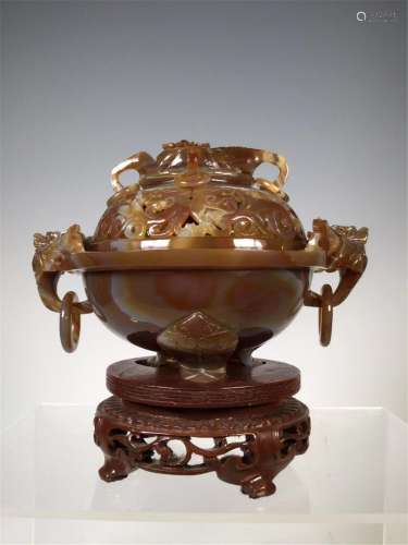 A CHINESE AGATE CARVED DRAGON OPENWORK INCENSE CA…