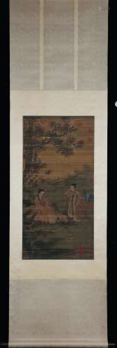 A CHINESE PAINTING OF BEAUTIES UNDER THE TREE