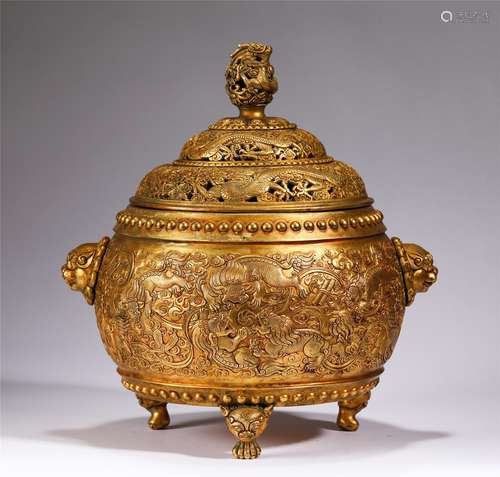 A GILT BRONZE INCENSE BURNER WITH BEAST HANDLES