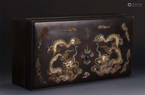 A HARD-STONES DRAGON INLAID HARDWOOD BOX AND COVER