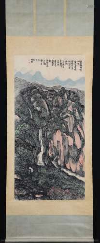 A CHINESE PAINTING OF WATERFALL IN MOUNTAINS