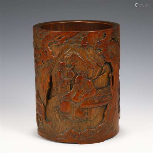 A BAMBOO CARVED FIGURAL BRUSH POT