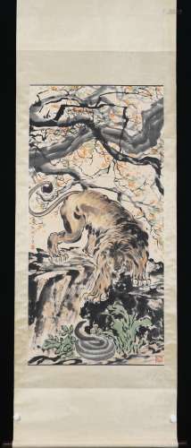 A CHINESE PAINTING OF LION AND SNAKE