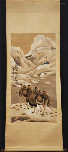 A CHINESE PAINTING OF CAMELS AND SNOW MOUNTAINS
