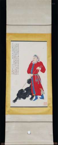 A CHINESE PAINTING OF FIGURE WITH HUNTING DOG