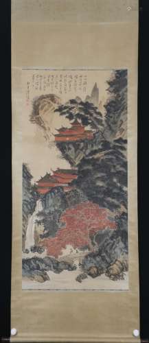 A CHINESE PAINTING OF FIGURES AND MOUNTAIN TEMPLES