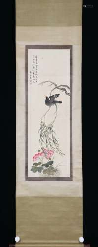 A CHINESE PAINTING OF BIRD ON WILLOW TREE