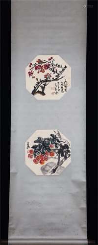 A CHINESE PAINTING OF RED PLUM BLOOMS AND LYCHEES