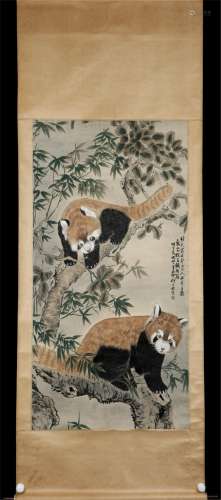 A CHINESE PAINTING OF RACCOONS