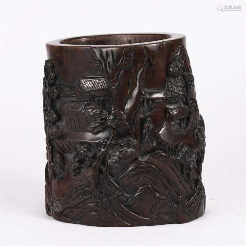 A CHENGXIANG WOOD LANDSCAPE AND FIGURES BRUSH POT